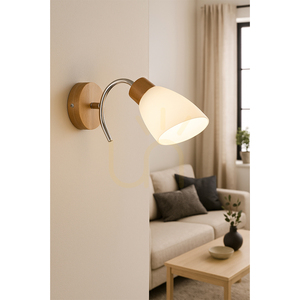 Viletta vägglampa 1xE27 Max. 60 W, björk/krom, metall/vit glasskärm, 29 cm small 2