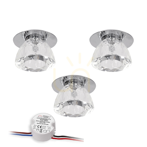 Kontrollera Cristaldream taklampset, innehåller 3 st G4-LED-lampor (max. 2,3 W), krommetall/transparent glas, med strömförsörjning, Ø 8 cm