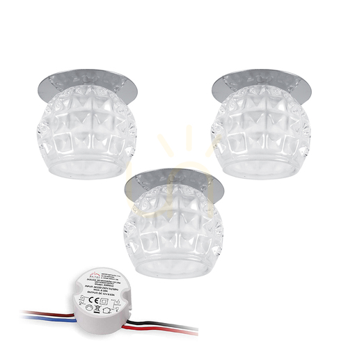Kontrollera Cristaldream taklampset, innehåller 3 st G4-LED-lampor (max. 2,3 W), krommetall/transparent glas, med strömförsörjning, Ø 8 cm