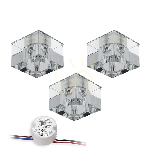 Kontrollera Cristaldream taklampset, innehåller 3 st G4-LED-lampor (max. 2,3 W), krommetall/transparent glas, med strömförsörjning, 7 cm
