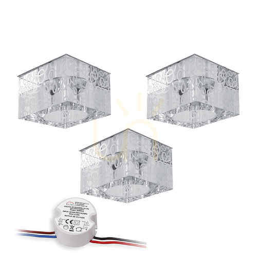 Kontrollera Cristaldream taklampset, innehåller 3 st G4-LED-lampor (max. 2,3 W), krommetall/transparent glas, med strömförsörjning, 7 cm