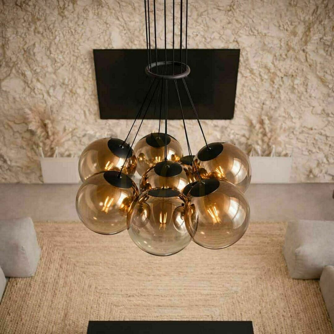Utsikt Pendellampa s.luce Orb Cluster med 7 glasklot, brun, E27 Pendellampa s.luce Orb Cluster med 7 glasklot, brun, E27