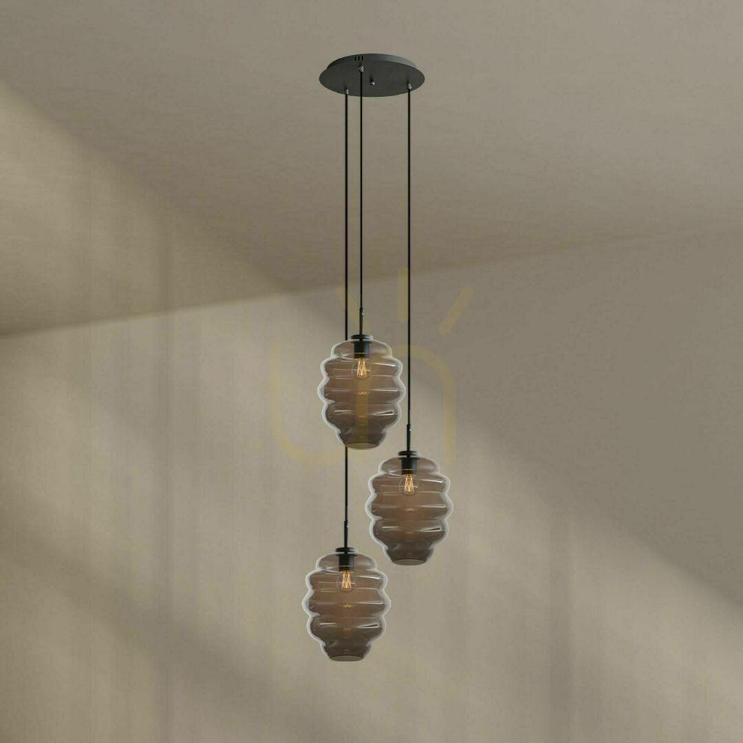 Display Ljuskrona s.luce Echos, 3 ljuspunkter, transparent glas, skärmar Ø 25 cm Ljuskrona s.luce Echos, 3 ljuspunkter, transparent glas, skärmar Ø 25 cm