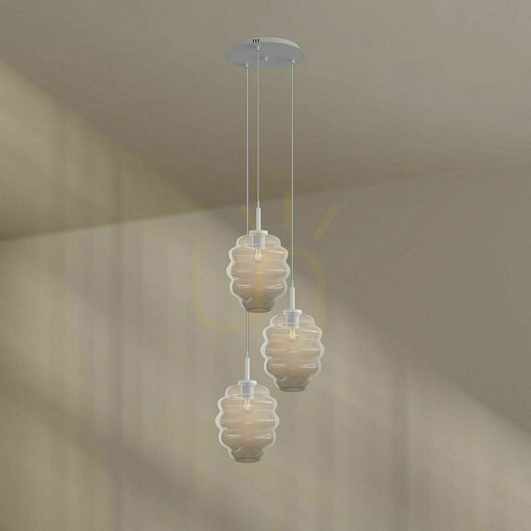 Display Ljuskrona s.luce Echos, 3 ljuspunkter, transparent glas, skärmar Ø 25 cm Ljuskrona s.luce Echos, 3 ljuspunkter, transparent glas, skärmar Ø 25 cm