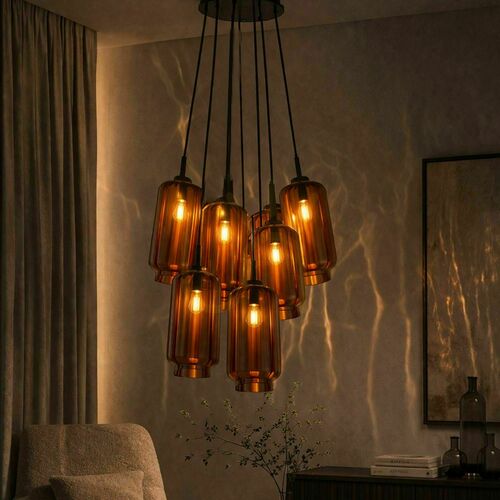 Kontrollera Glaspendellampa s.luce Velo Cluster med 7 ljuspunkter, brun, 54 cm, E27