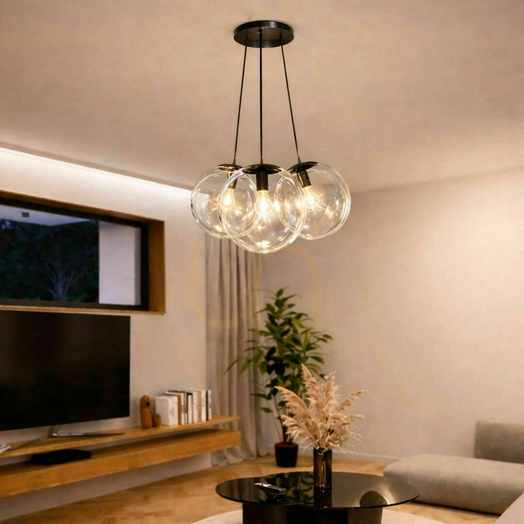 Utsikt Pendellampa s.luce Orb Cluster med 3 ljuspunkter, brun, glas och metall, Ø 50 cm Pendellampa s.luce Orb Cluster med 3 ljuspunkter, brun, glas och metall, Ø 50 cm