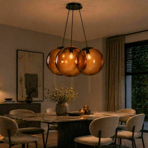 Kontrollera Pendellampa s.luce Orb Cluster 3 ljuspunkter i rökfärgat glas, Ø 50 cm