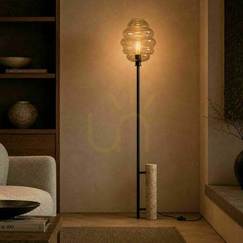 Kontrollera Golvlampa s.luce Echos i travertin och glas, svart, 188 cm