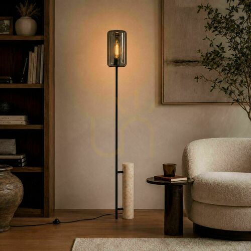 Kontrollera Golvlampa s.luce Cruet med travertinsten och rökglas, svart, 190 cm, E27