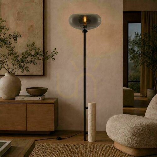 Kontrollera Golvlampa s.luce Cruet i travertin, svart metall och rökglas, 190 cm
